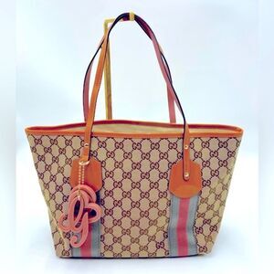 Auth Gucci Beige Brown GG Canvas Jolicouer Tote Bag Tan Patent Trim Sherry Line